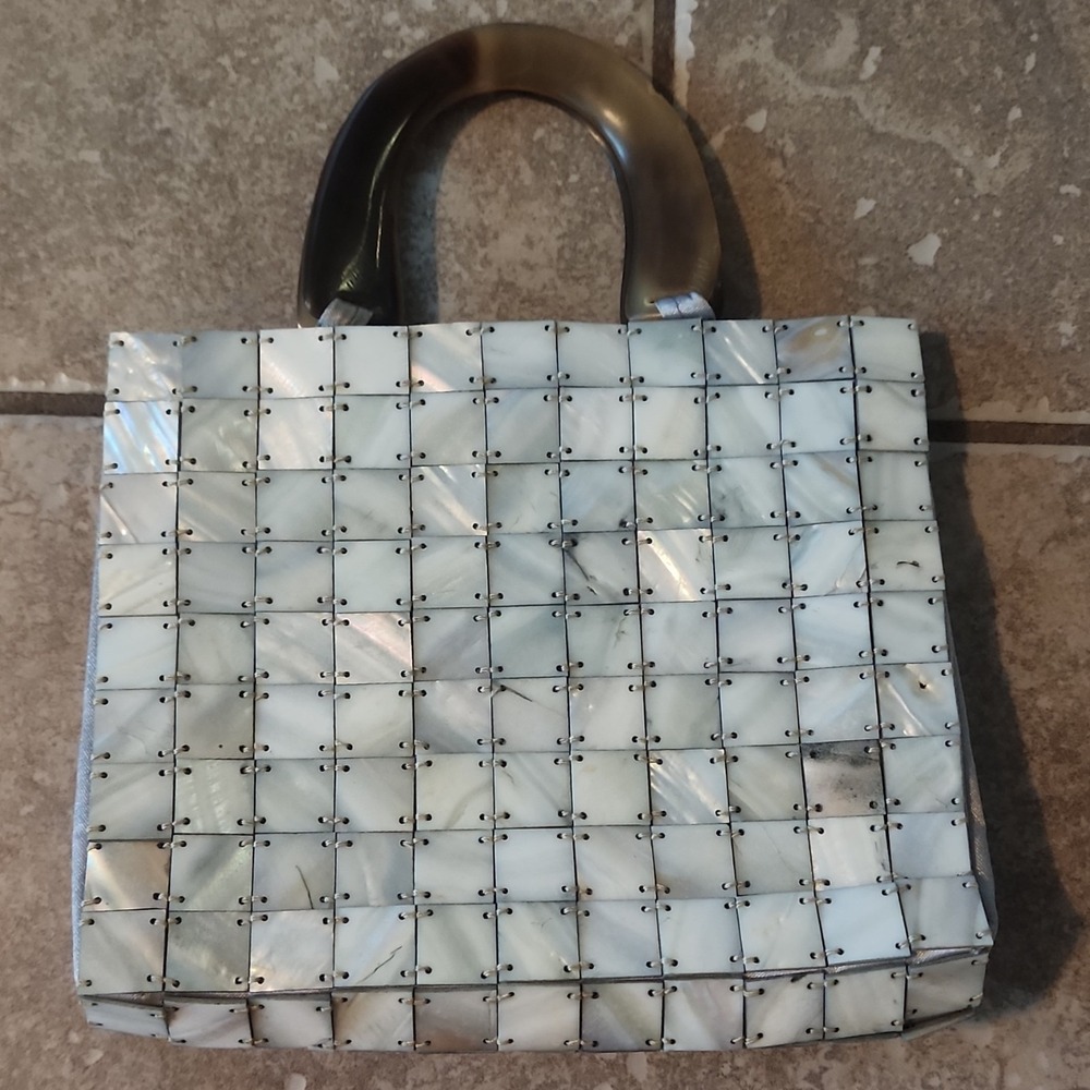 Mother of Pearl Handbag White Brown with Brown Handles Vintage Style 1950's